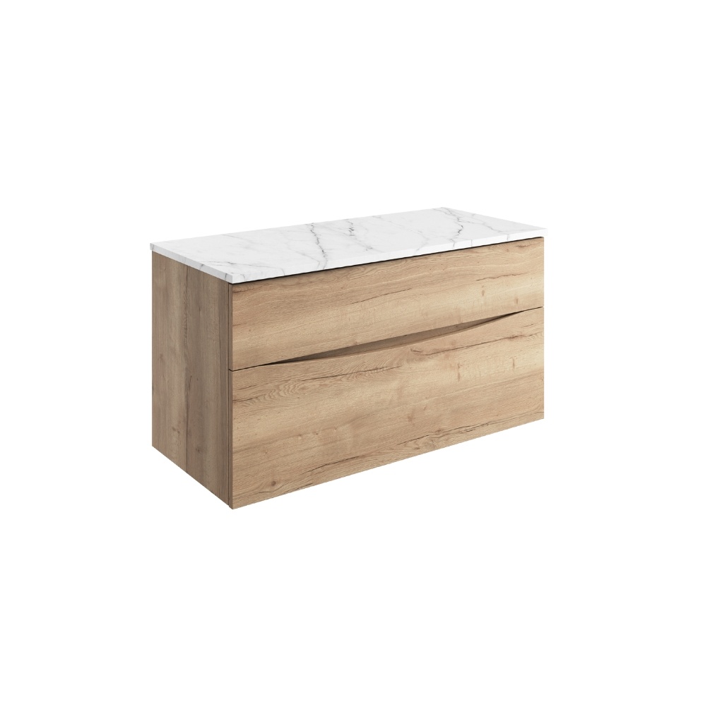 Product Cut out image of the Crosswater Glide II Windsor Oak 1000mm Double Drawer Unit with Carrara Marble Worktop